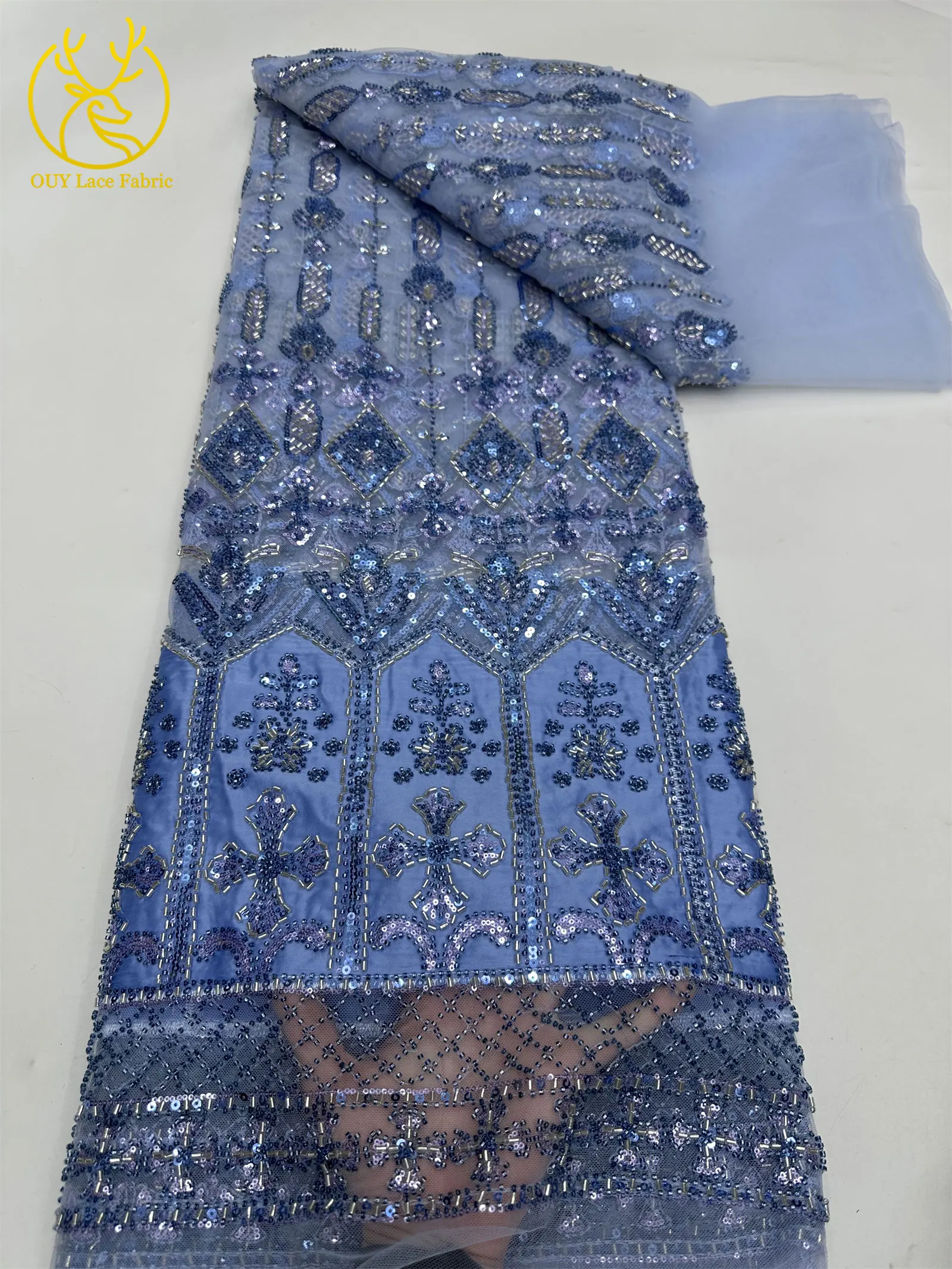 Luxuriöser französischer Pailletten-Spitzenstoff 2026 – Hochwertiger afrikanischer Perlen-Spitzenstoff, nigerianischer bestickter Stoff für Partykleider, 5 Yards – Detail 14