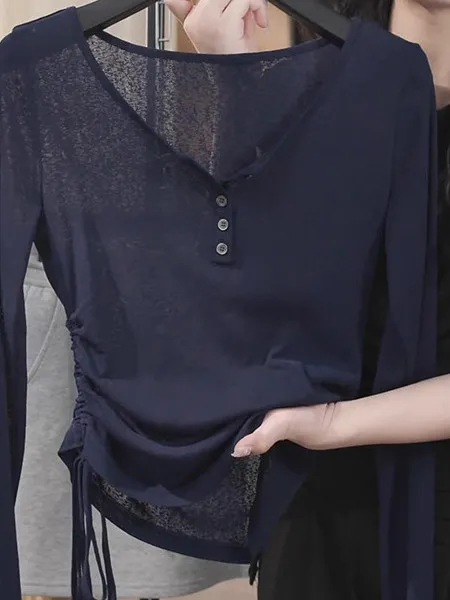 Elegant Loose Waist Sun Protection Long Sleeve T-Shirt in Royal Blue with Gathered Design Half Open Collar Early Autumn Top