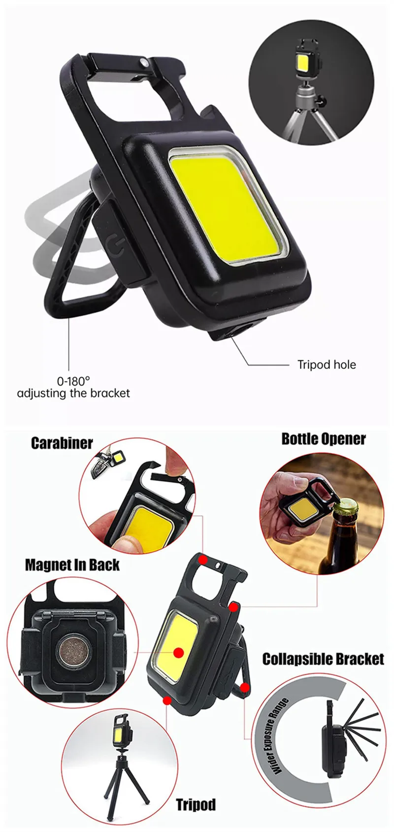 Rechargeable 4 Light Modes Portable Pocket Light Keychain Mini Flashlight With Bottle Opener Magnet Base Folding Bracket