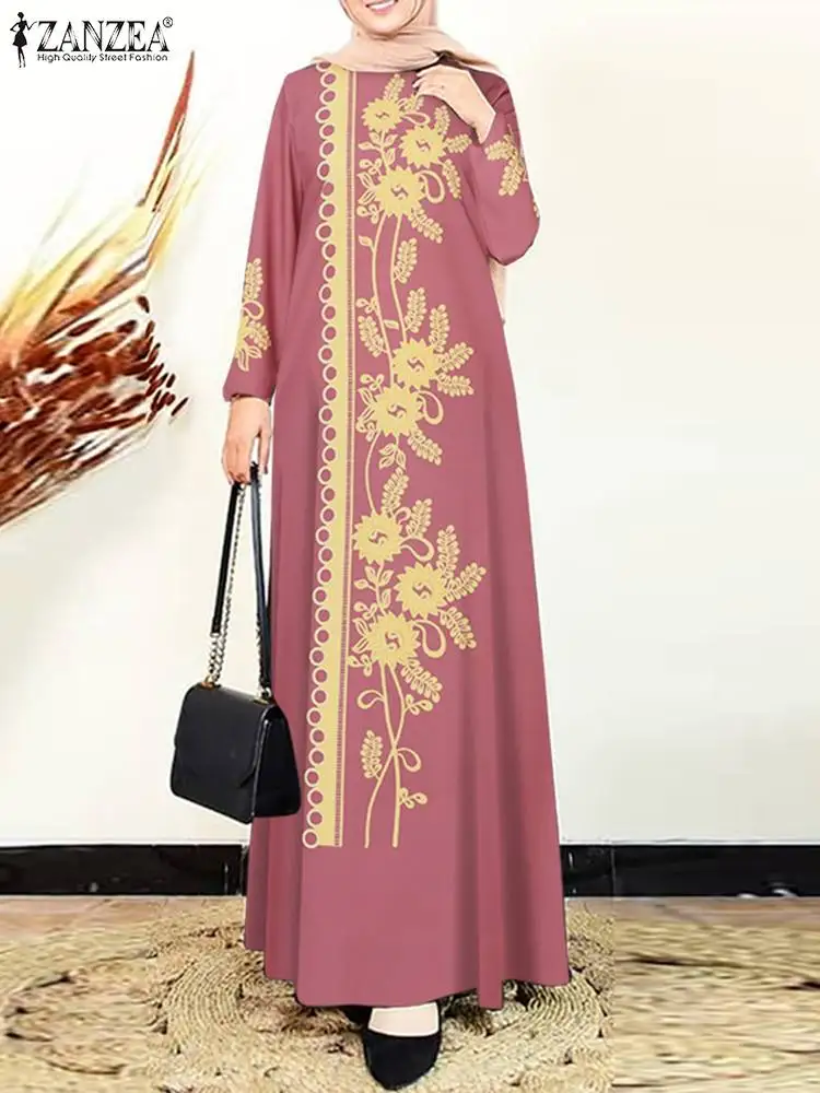 Vintage Long Sleeve Muslim Dress Floral Printed Abaya Ramadan Maxi Sundress 2024 ZANZEA Women Robe Femme Dubai Islamic Clothing