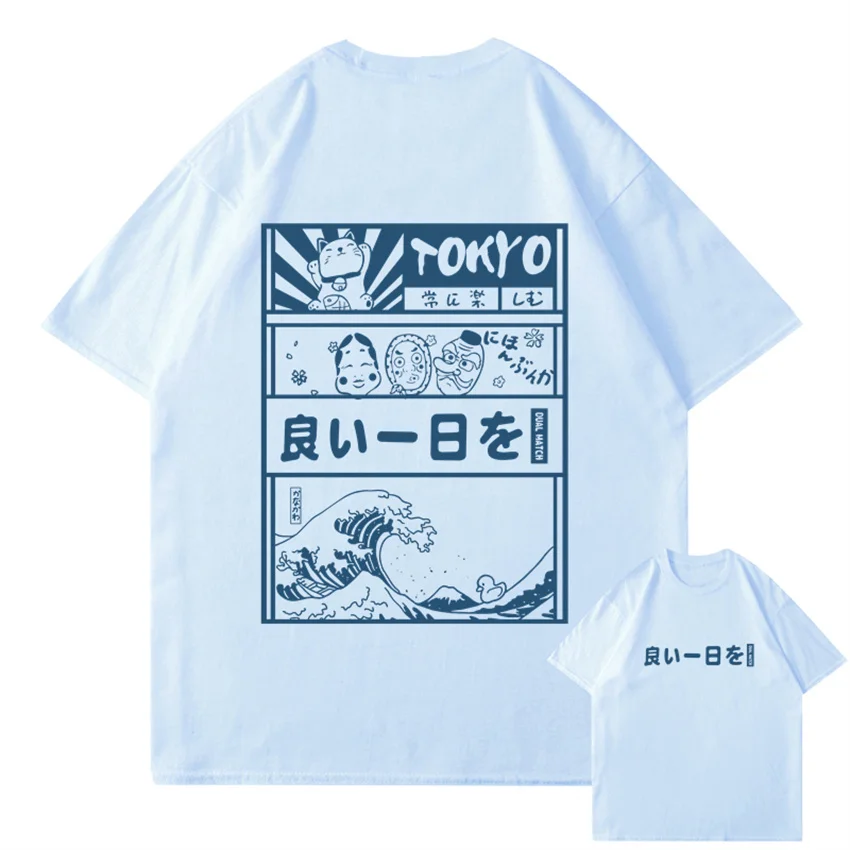 Men Hip Hop Streetwear T-Shirt Japanese Kanji Cartoon Great Wave Tokyo T Shirt Harajuku Cotton Short Sleeve Tshirt Summer