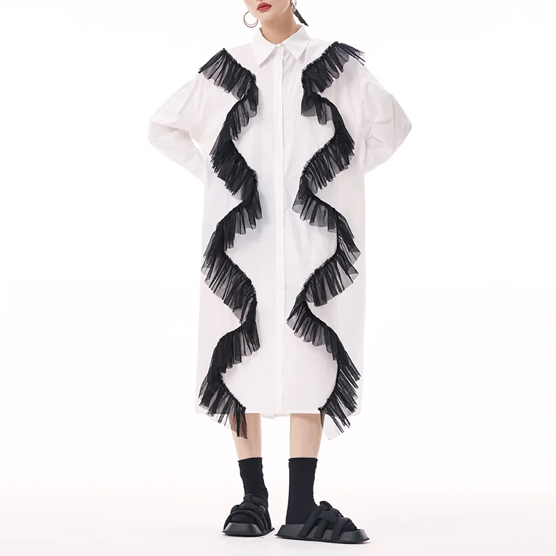 

Fashionable Mesh Patchwork Shirt Dress Women's Unique Design Spring 2025 Street Style Loose Waist Long Sleeve Thickened