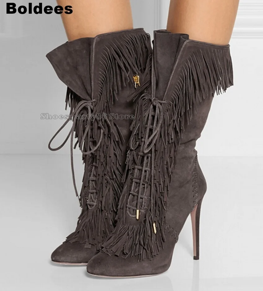 

Fall Spring solid Suede grey color lace up fringed mid-calf boots pointed toe side zipper high heels tassels boots women booties