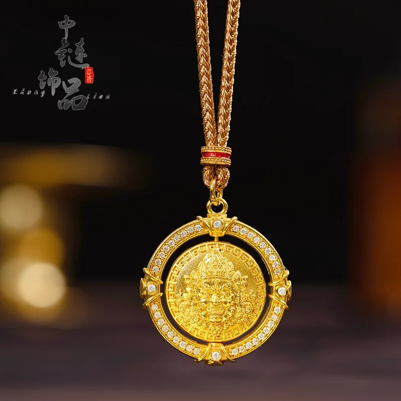 9999 gold diamond-encrusted rotating golden fortune god pendant; New Chinese style fortune god compass pendant sweater chain