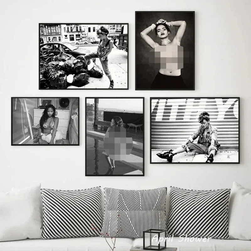 ملصقات مثيرة بالأبيض والأسود لديكور الغرف ، مغني مشهور ، فنان R-Rihannas ، لوحة قماشية ، مطبوعات ، فن جداري ، هدية للجماهير #2