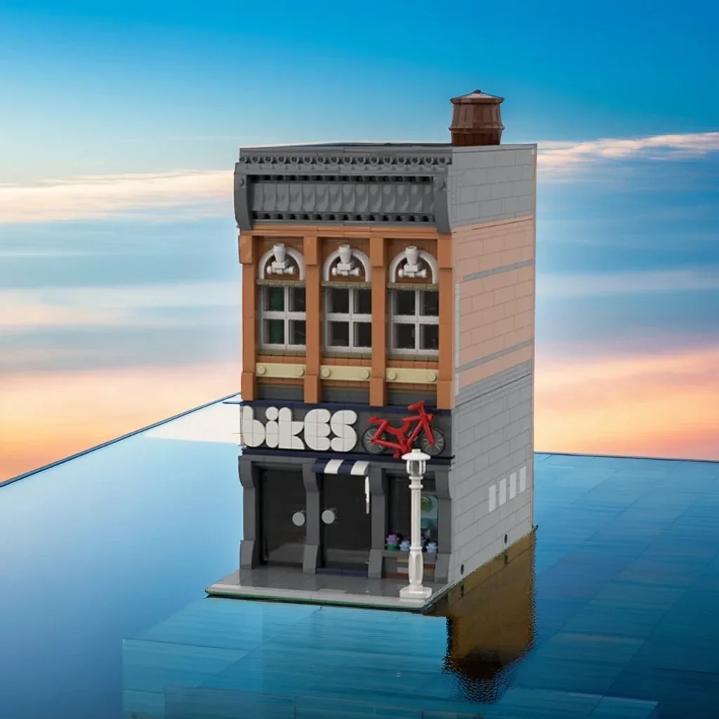 

1497 шт. Велосипедный магазин MOC City Street View с дисплеем велосипедов, ремонтной станцией и мини-фигурок, образовательные строительные блоки, подарок