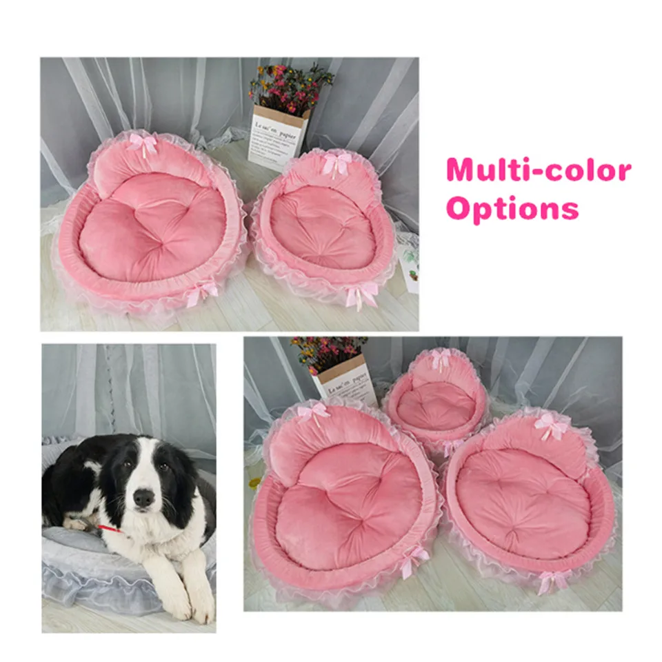 Hanpanda-camas de encaje con lazo de fantasía para perros grandes, cama desmontable ovalada rosa, cesta de cama para mascotas de princesa, muebles