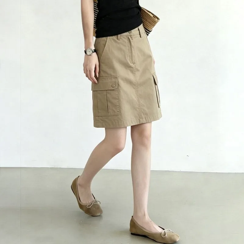 Women Khaki Cargo Mini Skirt Summer Straight Cut Casual Commute Fashion Youthful Pocket Design Half Skirt