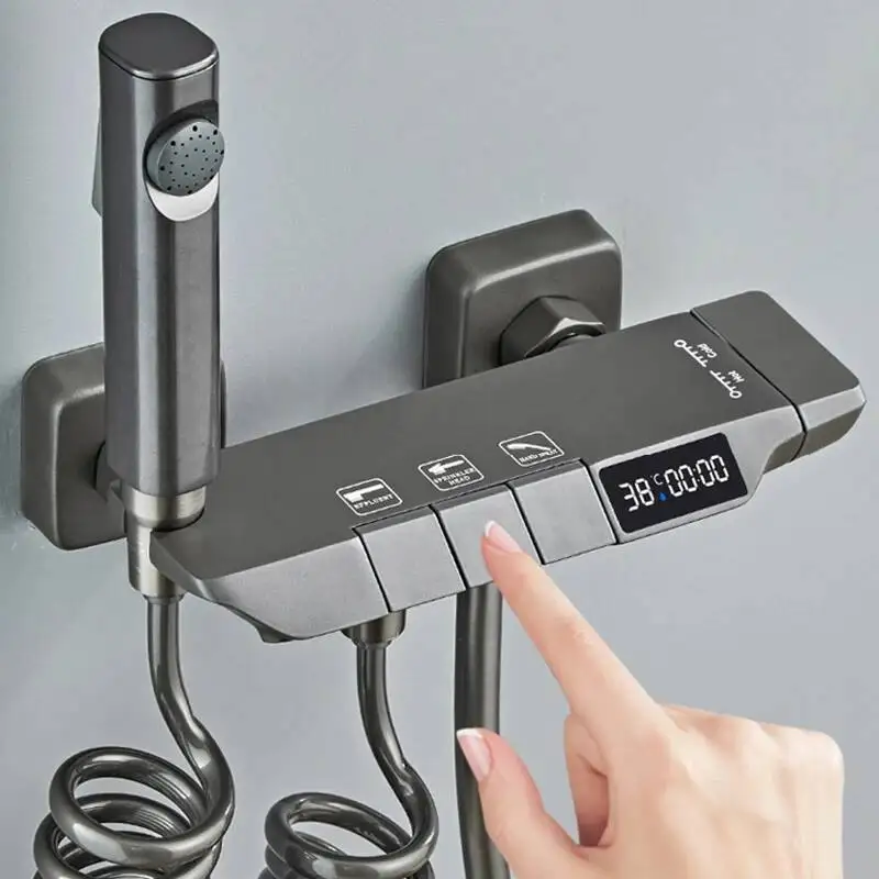 Set Keran Kamar Mandi Modern Sistem Full Grey 2 Jalur Tombol Piano Terpasang di Dinding Bahan Kuningan dengan Layar Digital untuk Bak Mandi