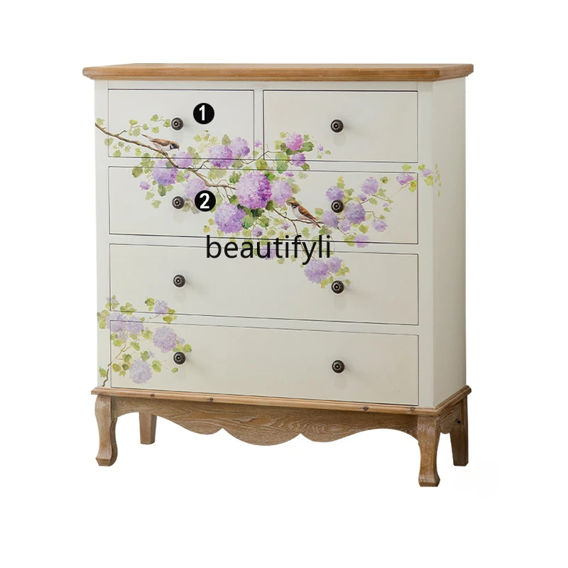 Handmade Art Painted Hallway Large Capacity Chest of Drawers Solid Wood Multi-Functional Locker Modern Light Luxury Furniture