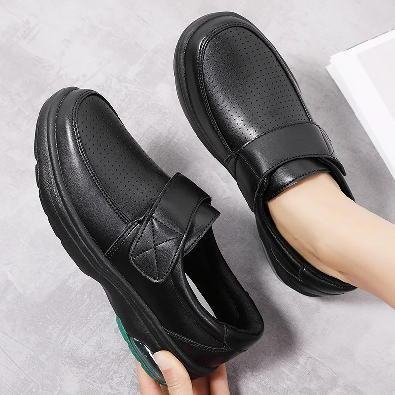 Breathable Leather Nurse Shoes for Women Fashion Sneakers Low Top Hook & Loop Autumn Casual Flats Round Toe Non-Slip Shoes