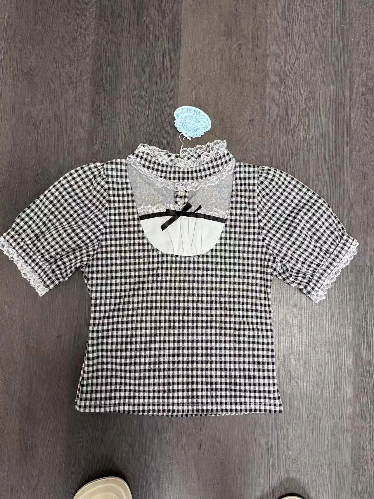 Japanese Gothic Lolita Style Shirts Women Vintage Sweet Y2k Lace Ruffles Short Sleeve Plaid Blouse Girls Casual Tops