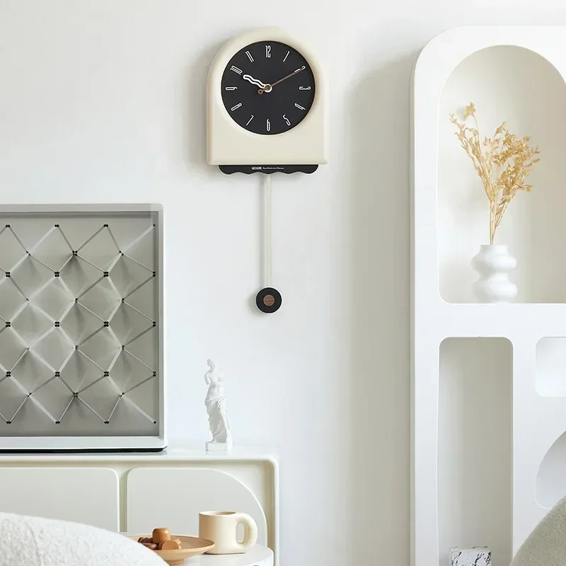 2024 New Korea Cream Style Wall Clock - Living Room Digital Clock with Swinging Pendulum, Modern Design Home Decor, Silent Movem