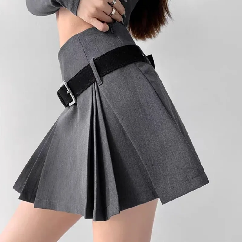 Women Pleated Skirt Gray A-line Dress Y2k Suit Short Skirt Belt College Style Streetwear Sweet Retro Chic Sexy Solid Casual