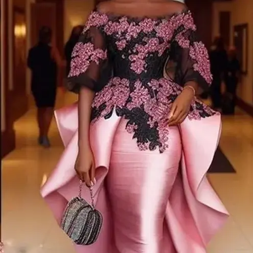 

Aso Ebi розовое платье для выпускного вечера с аппликацией до щиколотки Элегантные длинные вечерние платья с открытыми плечами и половиной рукавов Вечерние платья по индивидуальному заказу