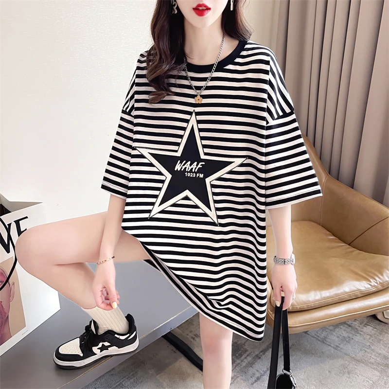 New Summer Art Retro Simple Oversized Loose Casual Sports Stripe Round Neck Short Sleeve Fashion Trend Women's T-shirt