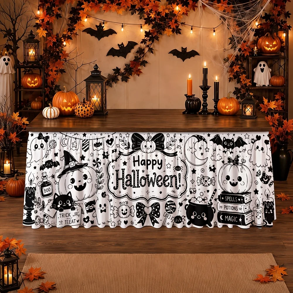 Tablecloth 1 piece Halloween party decoration Black and white cartoon cat witch candies Horror festive atmosphere