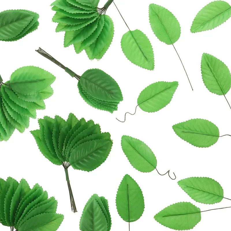 50Pcs Silk Leaf Green Artificial Leaves Bulk Fake Rose Wire Leaves Fabric Leaves For Bouquet Wreath DIY Craft Scrapbooking Decor