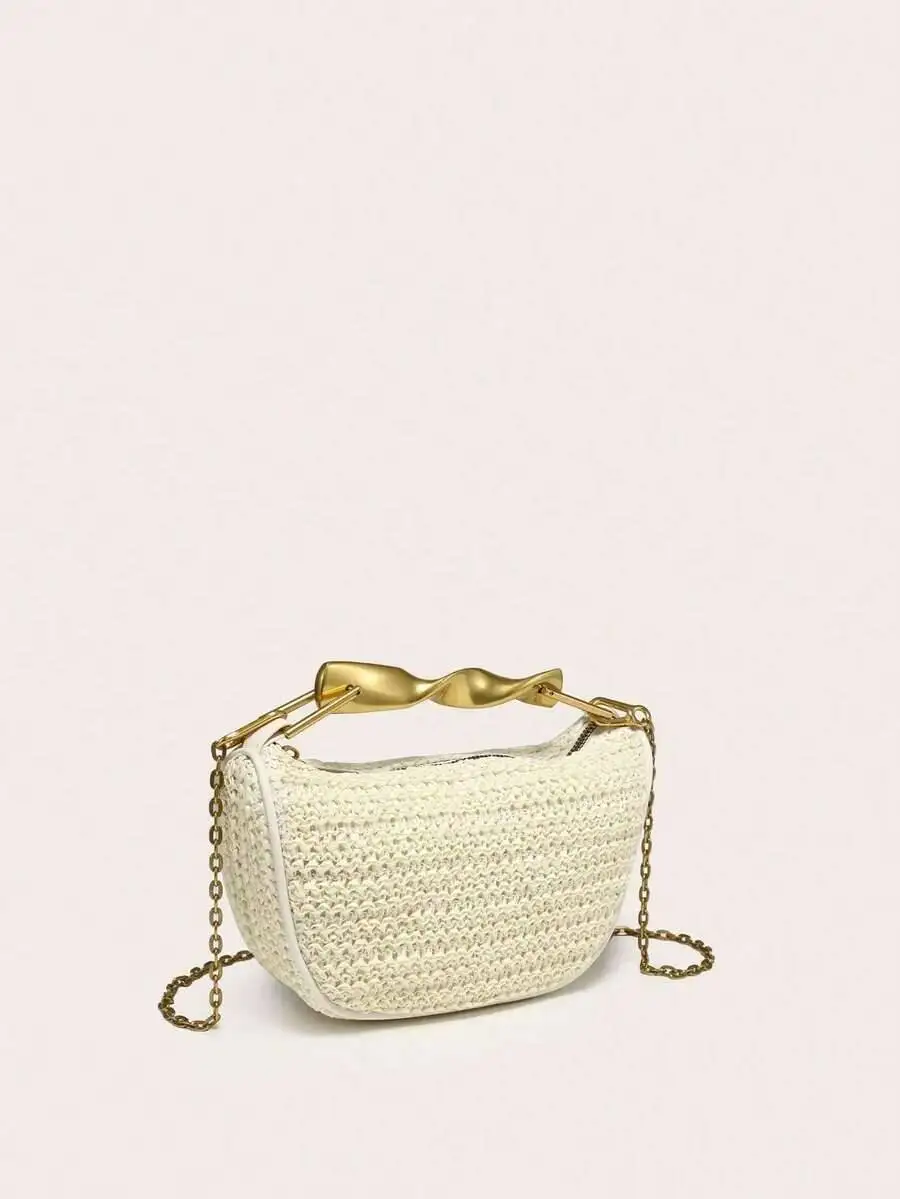 

Women's Apricot Straw Handbag, Handle, Unique Design, Versatile & Fashionable, Retro Crossbody Bag With Metal Chain