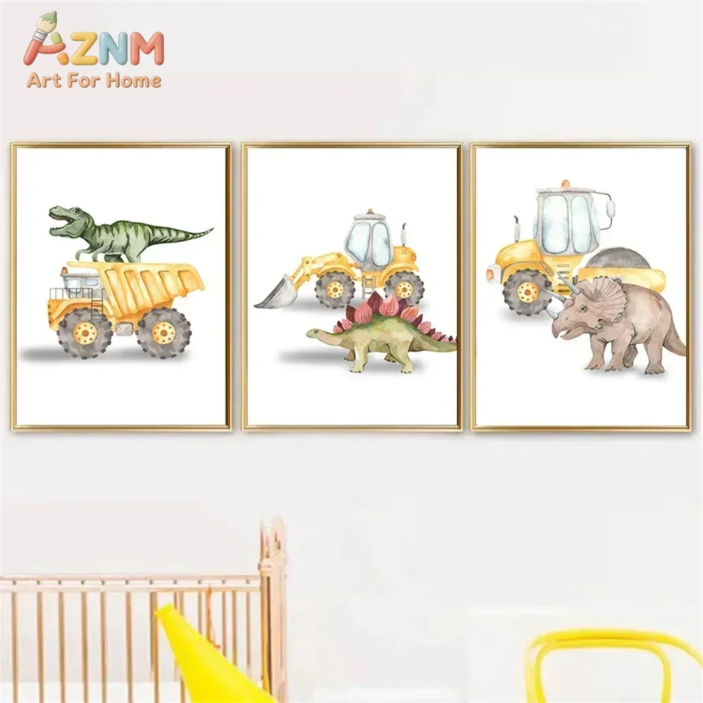 AZNM Frameless Canvas Wall Art, Watercolor Dinosaur Construction Truck Excavator Roller Print Poster, Cute Cartoon Painting for