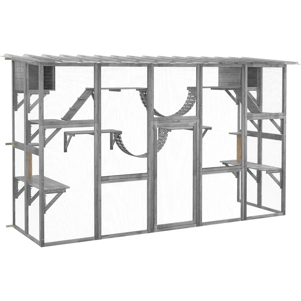 

Outdoor Cat Enclosure with Weather Protection Roof, Multiple Kitty House, Wooden Frame, Shelves & Bridges, 118 x 37.5 x 74, Gray