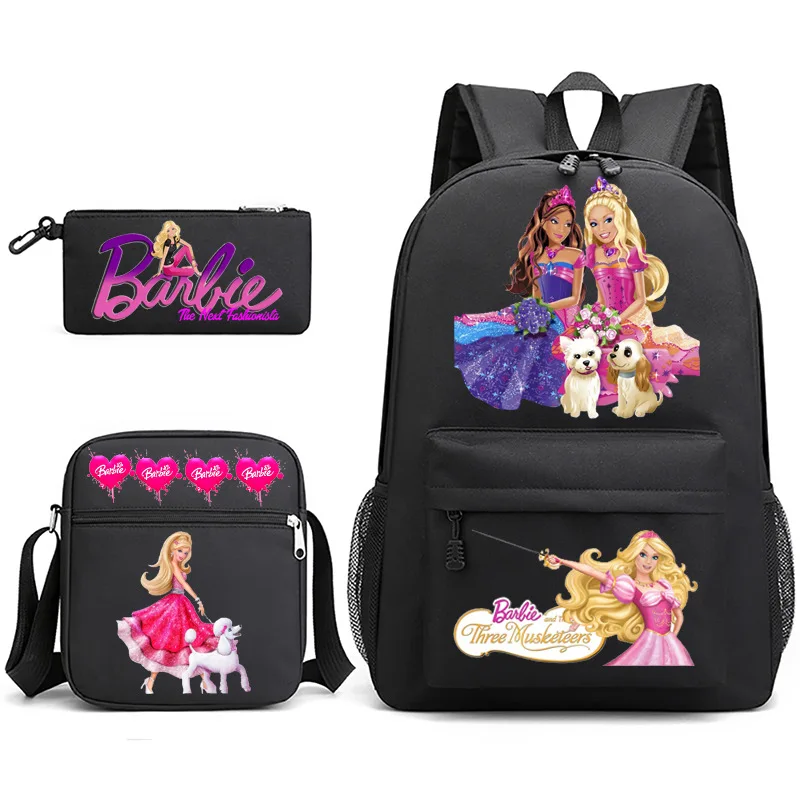 3PC-SET MINISO New Barbie Princess Schoolbag Barbie Girls Burden-Reducing Backpack The Best Gift for Children Sports Backpack