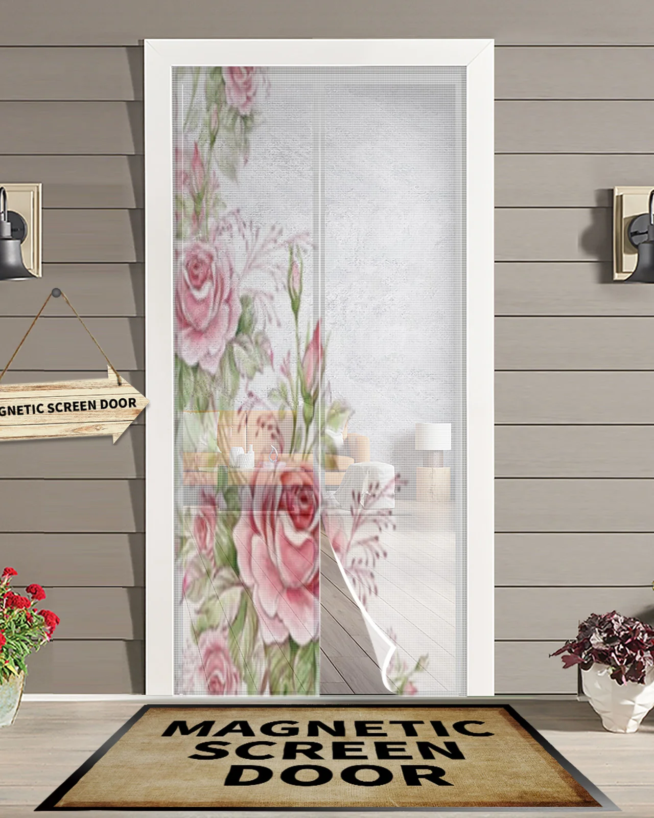 Watercolor Background With Rose Summer Magnetic Mosquito Net Anti Insect Fly Bug Magnetic Screen Door Curtains