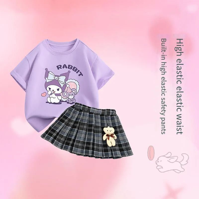 Sanrios Kinderrokpak Kawaii Kuromi Meisjes Shirt Met Korte Mouwen Jk Geplooide Rok Tweedelige Set Zomer Preppy Rok Schattig