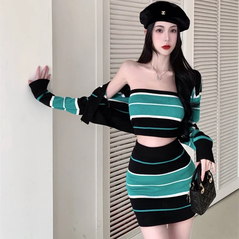 Sexy Two Piece Set Women Fashion Basic Stripy slim Tube Top + Cardigan + Skirt Suits High Street Sheath Knitted 3 Pieces Sets