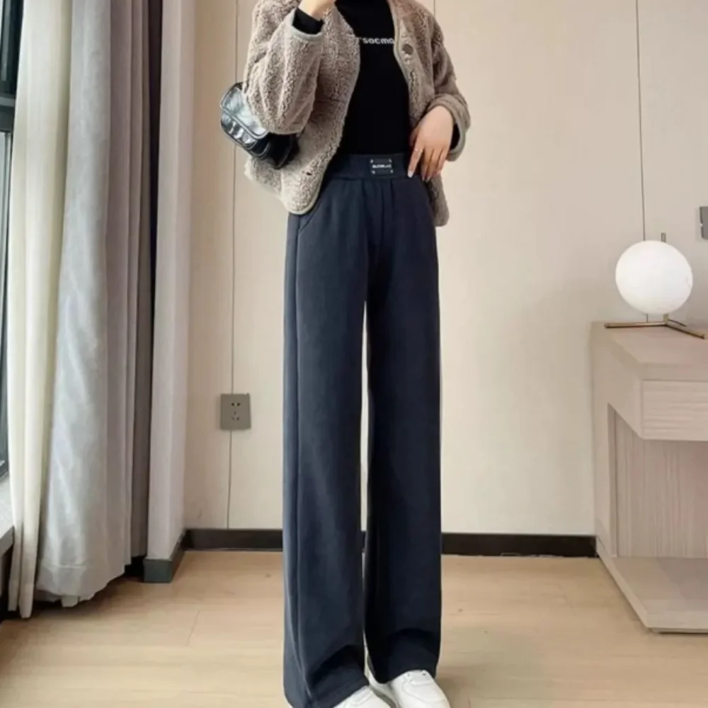 

High Waist Wide Leg Pants Thickened Fleece Sheepskin Lined Fleece Lined Pants Corduroy Material Elastic Waist Straight Pants