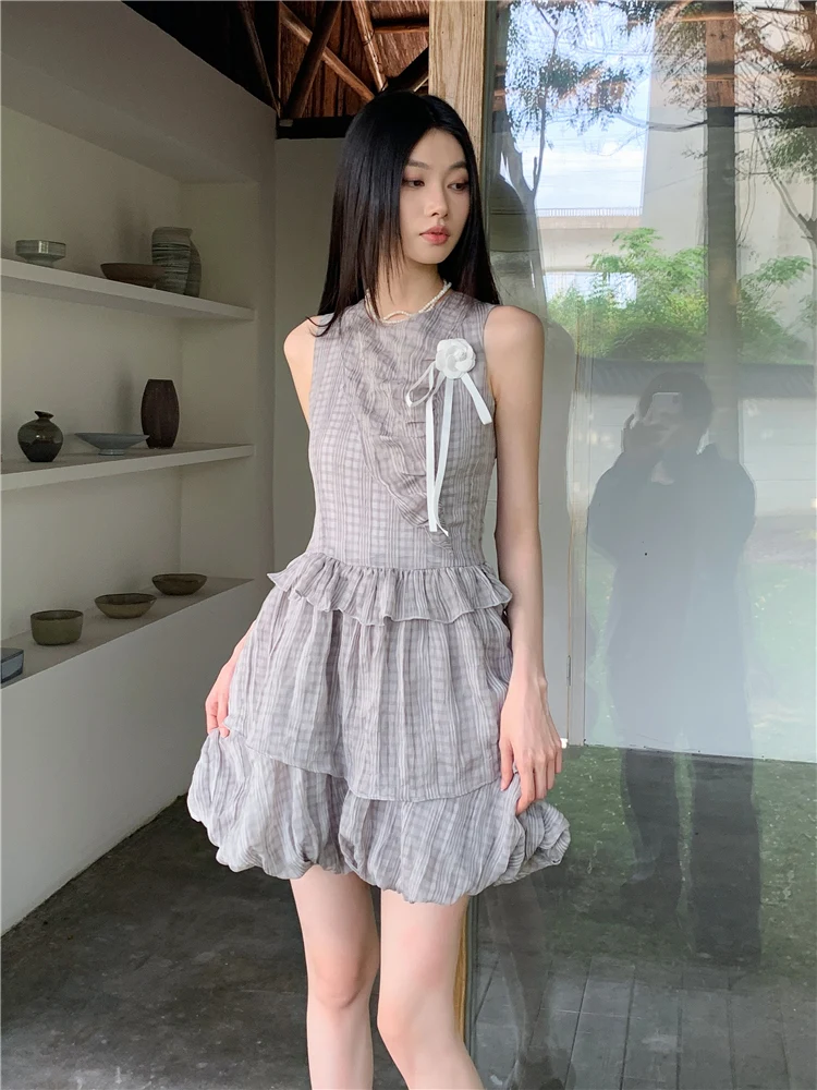 Summer New Hanging Neck Workwear Pocket Casual Hanging Neck Skirt Multi layered Hem Dress Short Skirt