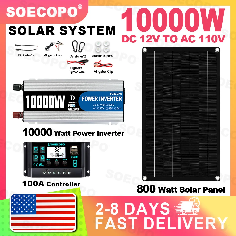 

(Delivery within 2-8 days) SOECOPO 10000W Solar System Kit 800W Panel 100A Controller 12V to 110V Inverter for Camping RV Home