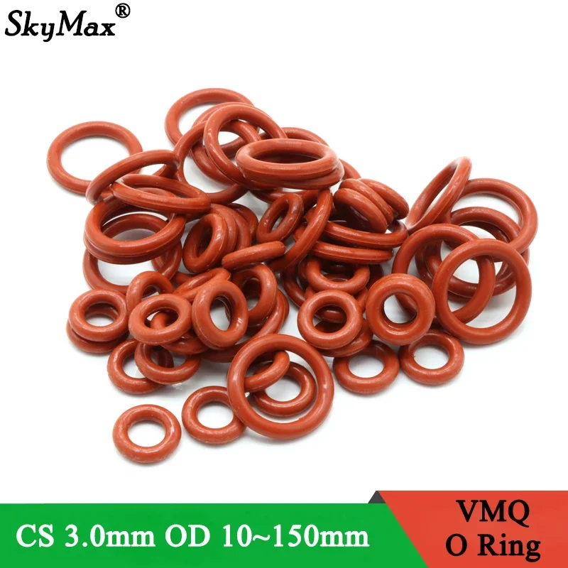 10Pcs VMQ O Ring Seal Gasket Thickness CS 3mm OD 10 ~ 150mm Silicone Rubber Insulated Waterproof Washer Round Shape Nontoxi Red