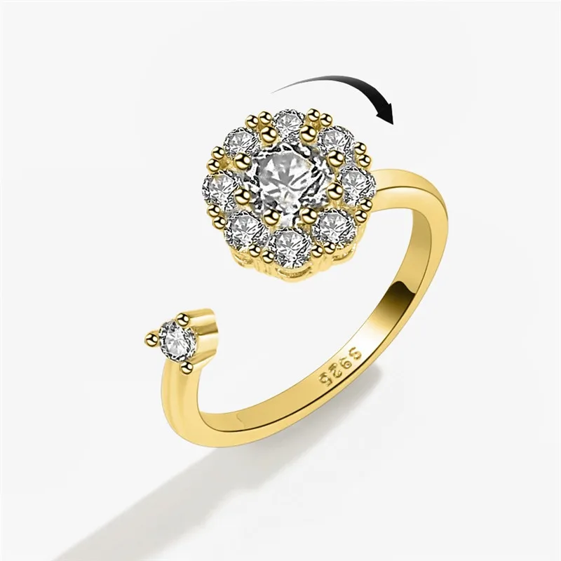 Rotating Freely Zircon Flower Spinner Ring Anti Stress Anxiety Fidget Knuckle Jewelry Girl Delicate Engagement Rings Accessories