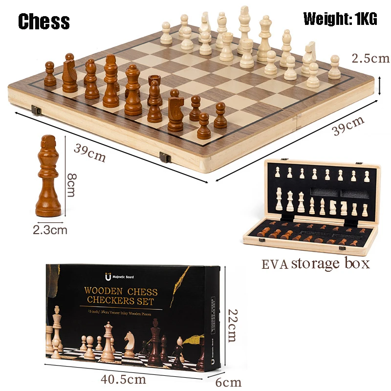 

Magnetic Wooden Folding Chess Set Game Board 39cm*39cm Interior Storage Adult Kids Gift Family Game Chess Board