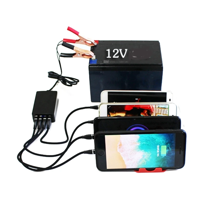 Portable Converter with Battery Clip 12V/24V to 5V 4-Port USB Multiport Power Adapter for Mobile Phone Tablets