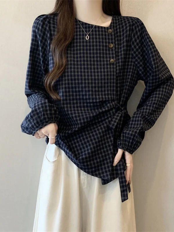 

Blue Plaid Long Sleeve Shirt Women's Spring Early Season plus Size Doll Shirt Waist Cinched Tie Shoulder Standard Commute Style