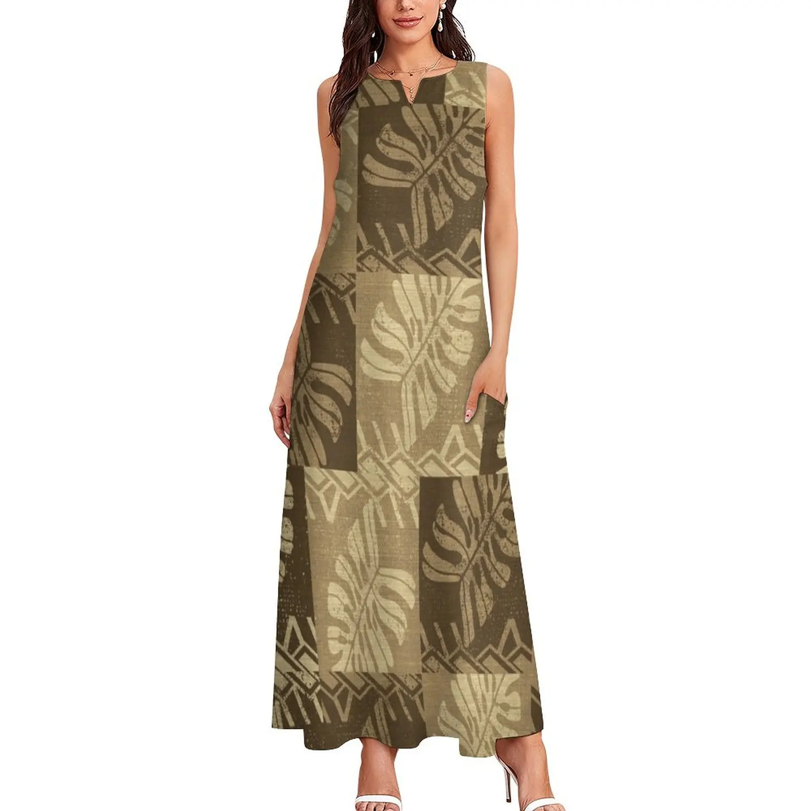 Robe longue à imprimé de feuilles tropicales samoanes vintage pour femmes, robes de soirée pour femmes, vêtements validés