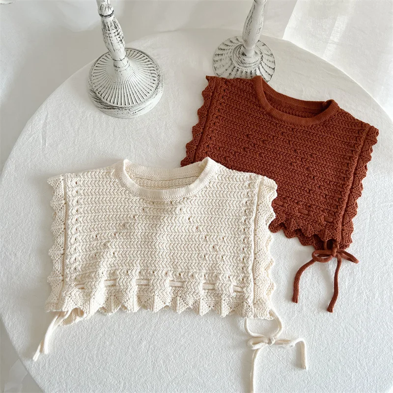 Girls Fashion Knitting Waistcoats Autumn Sweet Retro Vest Baby Straps Lacework Sleeveless Sweater Girls Small Fragrance Vests