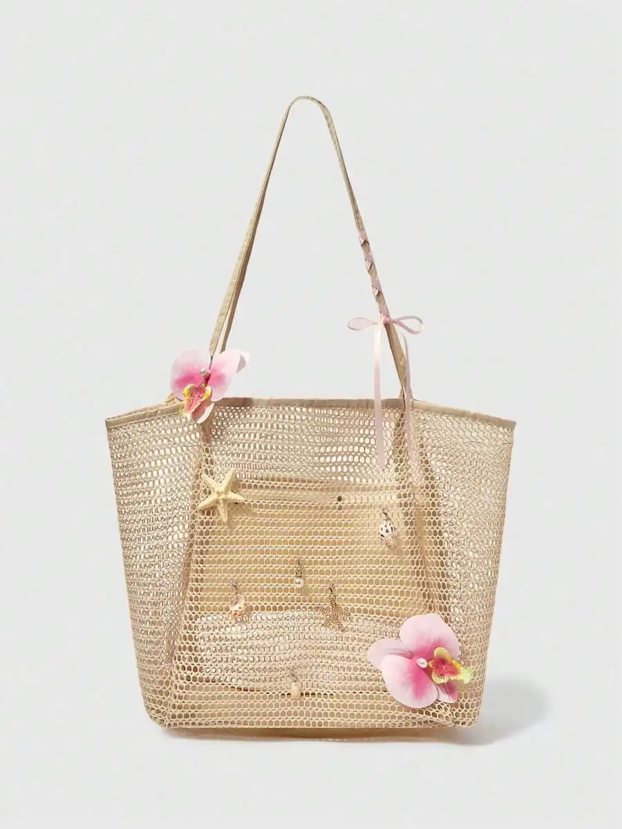 

Hand-Woven Large Capacity Fairycore Tote Backpack, adorned with orchid lily, ideal for summer vacation and beach daily use.