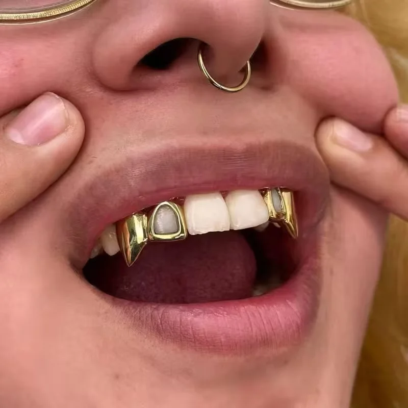 Two Sets Of Rap-Shaped Tusks. Gold-Plated Golden Hollow Vampire Teeth Ornaments. Suitable For Both Men And Women.