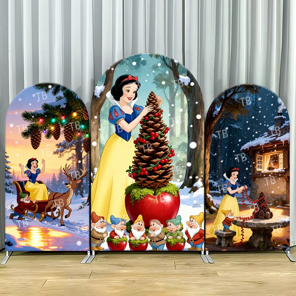 

Snow White Dwarfs Winter Pine Arch Backdrop Cover Sled Apple Scene For Kids Birthday Party Cozy Cartoon Theme Photo Booth Decor
