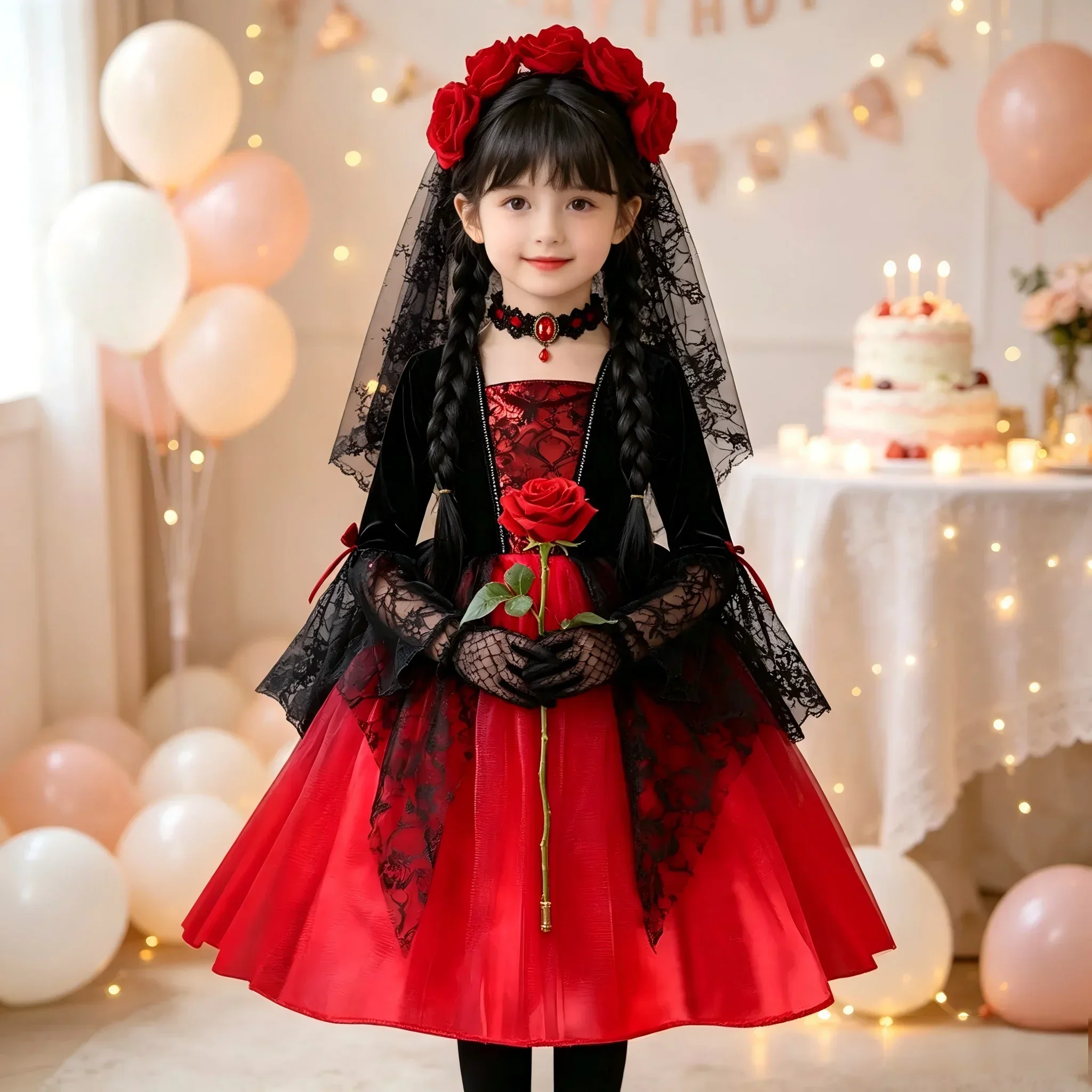 Kinder-Halloween-Kostüm für Mädchen, Gothisches Rot-Schwarzes Tutu-Outfit mit Schleier, Handschuhen und Schmuckset für Themenpartys und Karneval – Detail 1