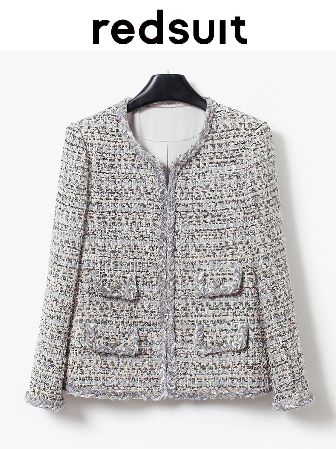 New Light luxury gray shiny yarn mixed woven coarse woolen medium long straight tube jacket Custom Size