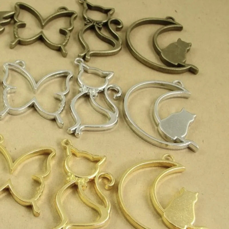 REGELIN 5 pcs/lot Cat moon swan shape Metal Frame Pendant Gold Charm Bezel Setting Cabochon Setting UV Resin Epoxy Resin Charm