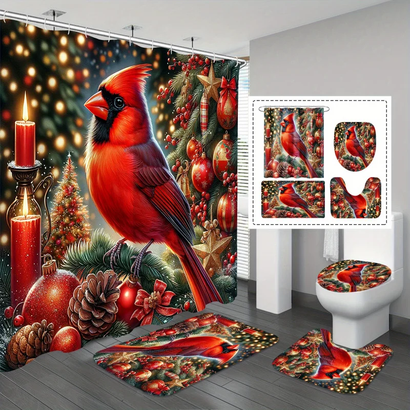 1/4pcs Cardinal Christmas Shower Curtain with 12 Hooks, Red Complete Bathroom Rug Set Including Toilet Mat & Lid Cover