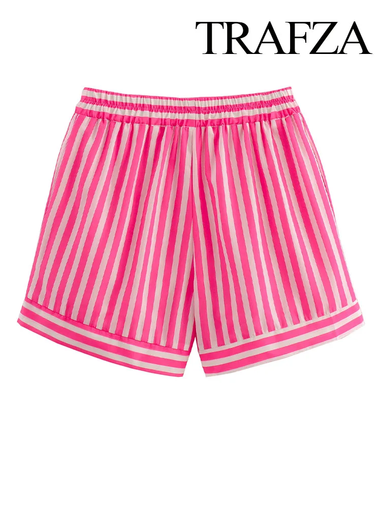 TRAFZA Summer Women Pink Striped Elegant Elastic Waist Casual Shorts Woman New Drawstring Bow Lace-up Pockets Mini Shorts Mujer