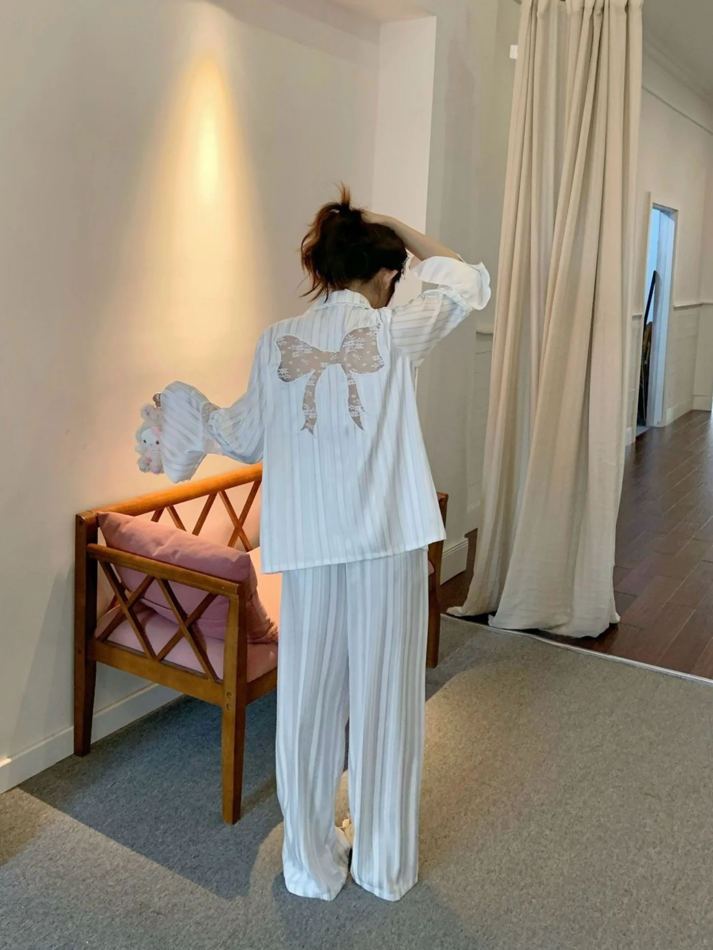 vetements-de-nuit-amples-a-manches-longues-en-soie-glacee-rayee-style-ballet-de-reve-avec-nœud-pour-femme-ideaux-pour-l'automne