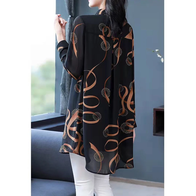 Women\'s Korean Fashion Print Oversized Button Up Shirt Vintage Elegant Lapel Long Sleeve Blouse Spring Autumn Casual Tunic Tops