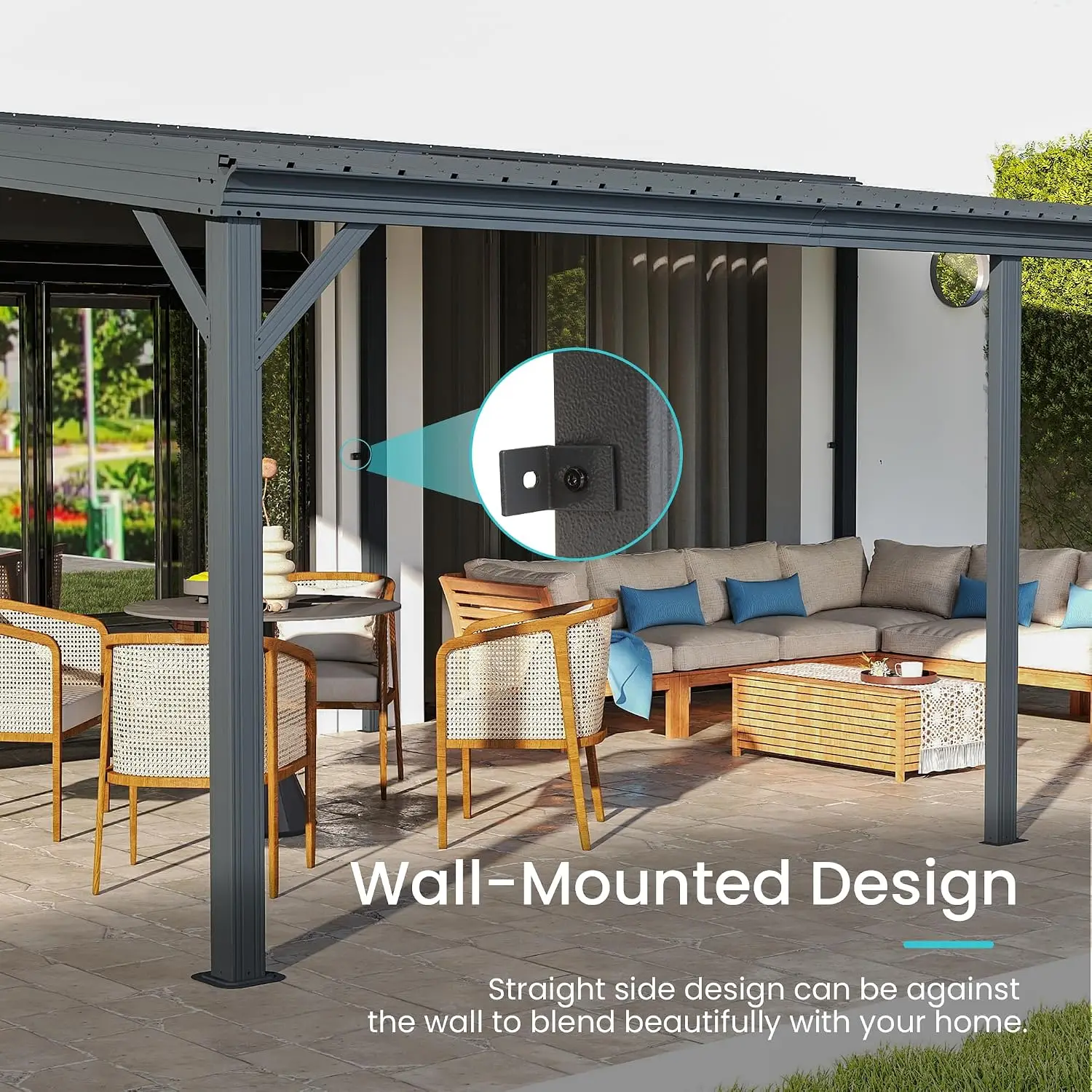 12 X 20 Lean To Gazebo Outdoor Wall Mounted Pergola Grey Drainage System Galvanized Steel Roof Hardtop Patio Shelter Deck Porch view 6